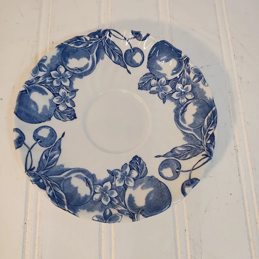 VTG Wood & Sons Ironstone Blue Fruit Saucer Plate Transferware England Scalloped